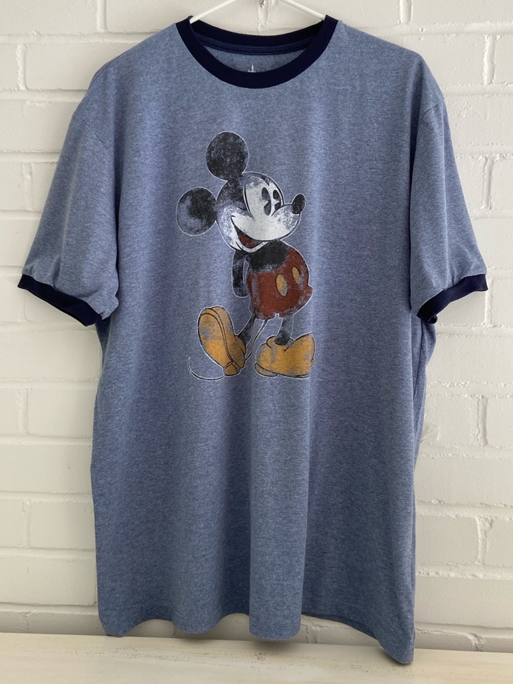 Men’s Size XL Old Style Retro Disney Heather Blue Mickey Graphic Ringer T-Shirt